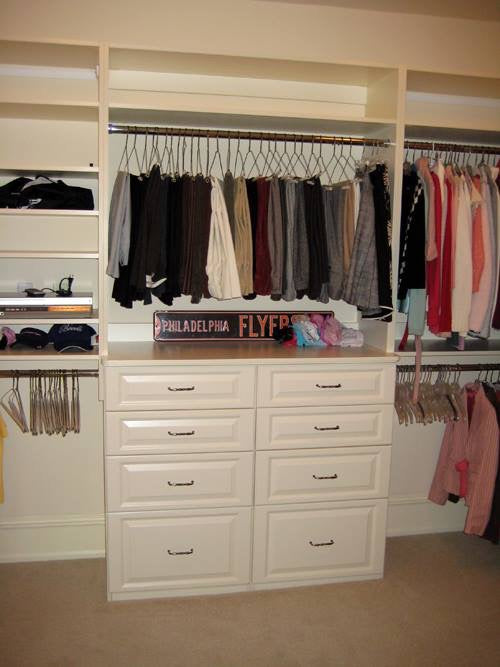 Custom Built-In White 4 Drawer Tower with Shelving from Top Shelf