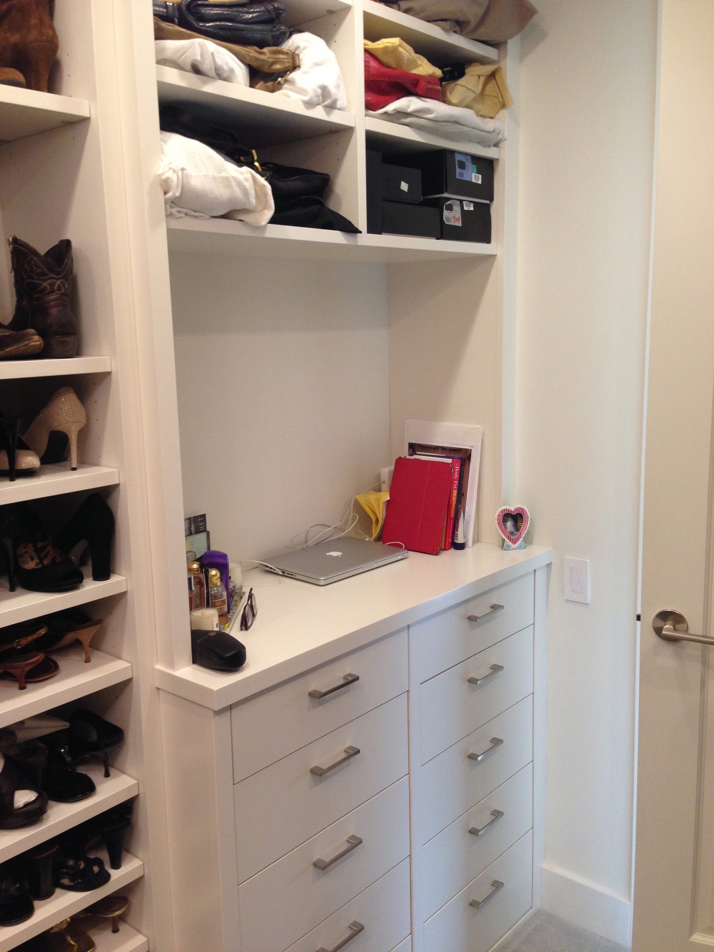 Custom Built-In White 4 Drawer Tower with Shelving from Top Shelf